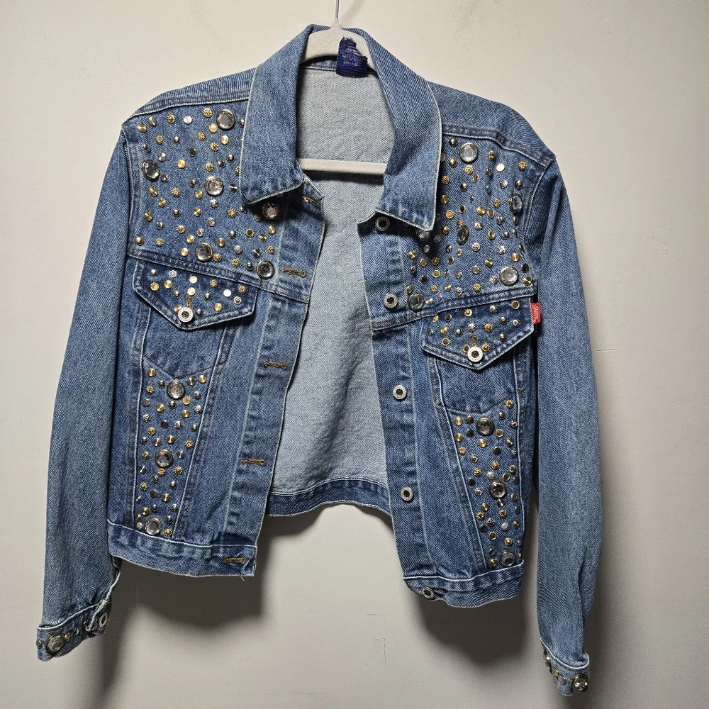 Vintage Gazoz Studded Bejeweled Denim Jacket Size Large Jean Jacket 80s 90s - Picture 3 of 11